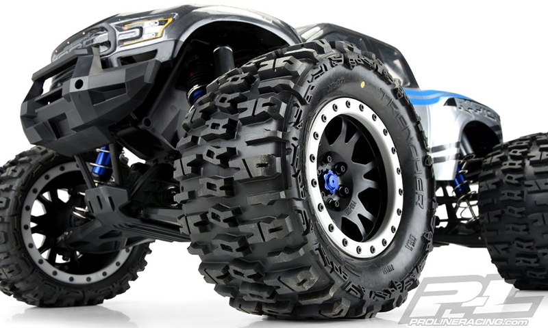 Proline Trencher 4.3" Pro-Loc All Terrain Tires Mounted for X-MAXX Front or Rear, Mounted on Impulse Pro-Loc Black Wheels with Stone Gray Rings