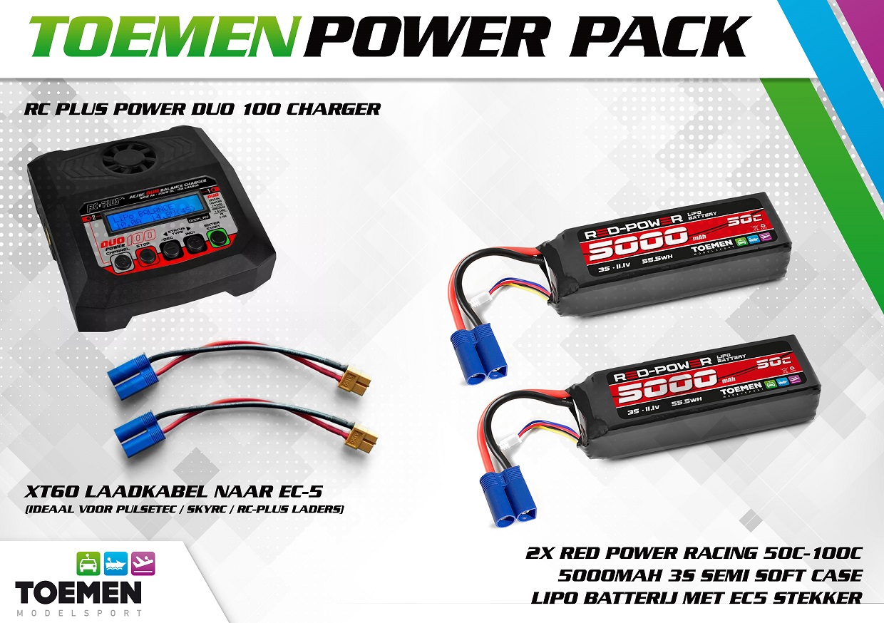 2x Red Power Racing 50C-100C 5000Mah 3S Semi Soft Case lipo batterij met EC5 stekker en RC Plus Power Duo 100 Charger