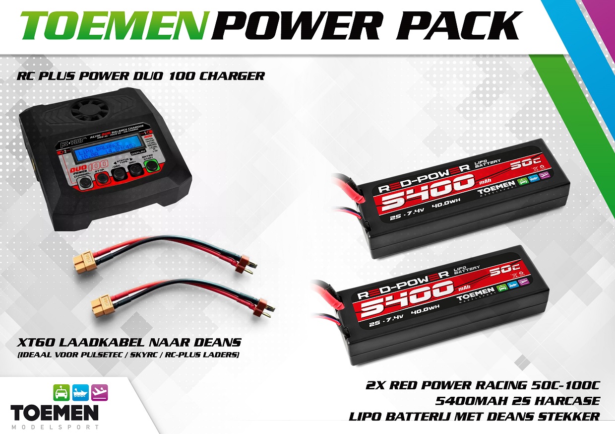 2x Red Power Racing 50C-100C 5400Mah 2S Harcase lipo batterij met Deans stekker en RC Plus Power Duo 100 Charger
