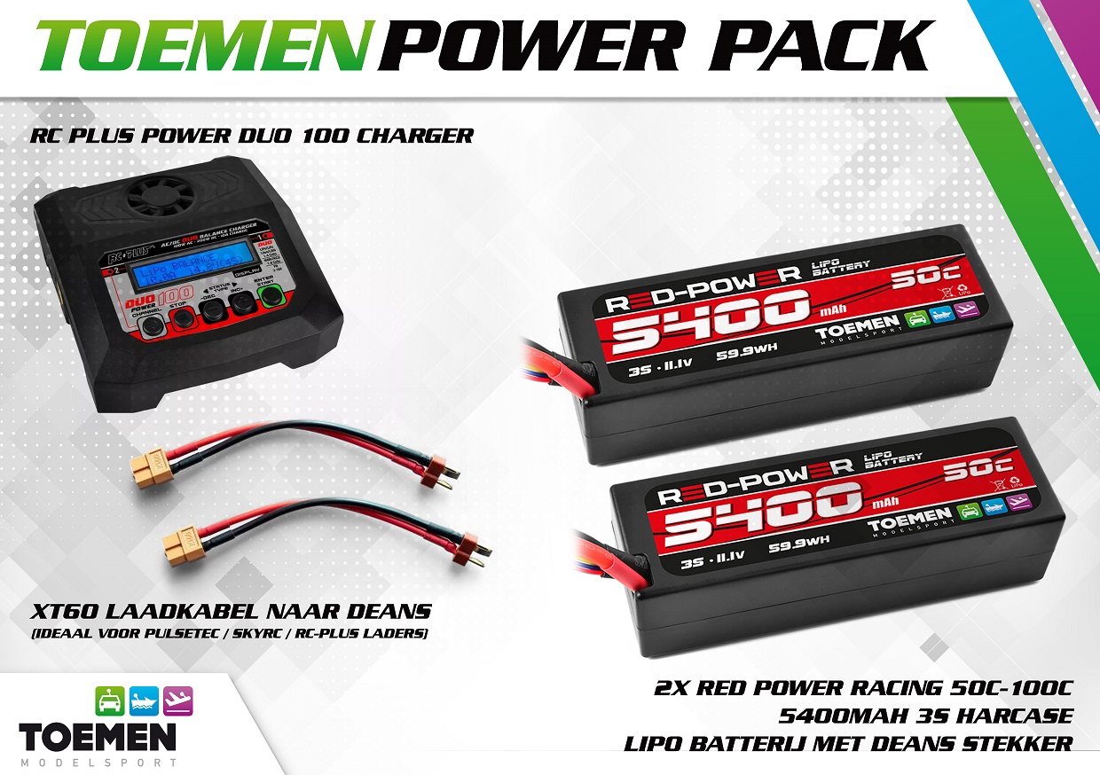 2x Red Power Racing 50C-100C 5400Mah 3S Harcase lipo batterij met Deans stekker en RC Plus Power Duo 100 Charger