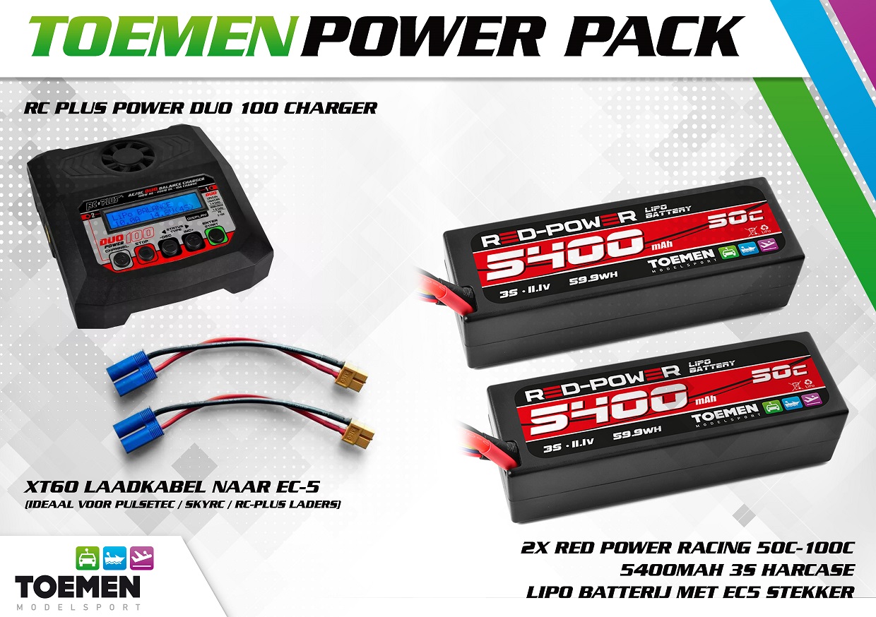 2x Red Power Racing 50C-100C 5400Mah 3S Harcase lipo batterij met EC5 stekker en RC Plus Power Duo 100 Charger