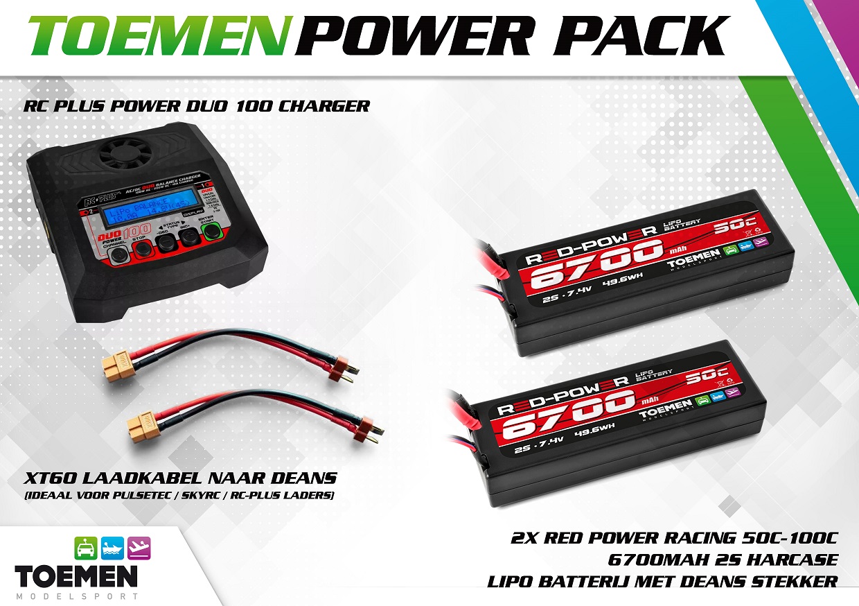 2x Red Power Racing 50C-100C 6700Mah 2S Harcase lipo batterij met Deans stekker en RC Plus Power Duo 100 Charger