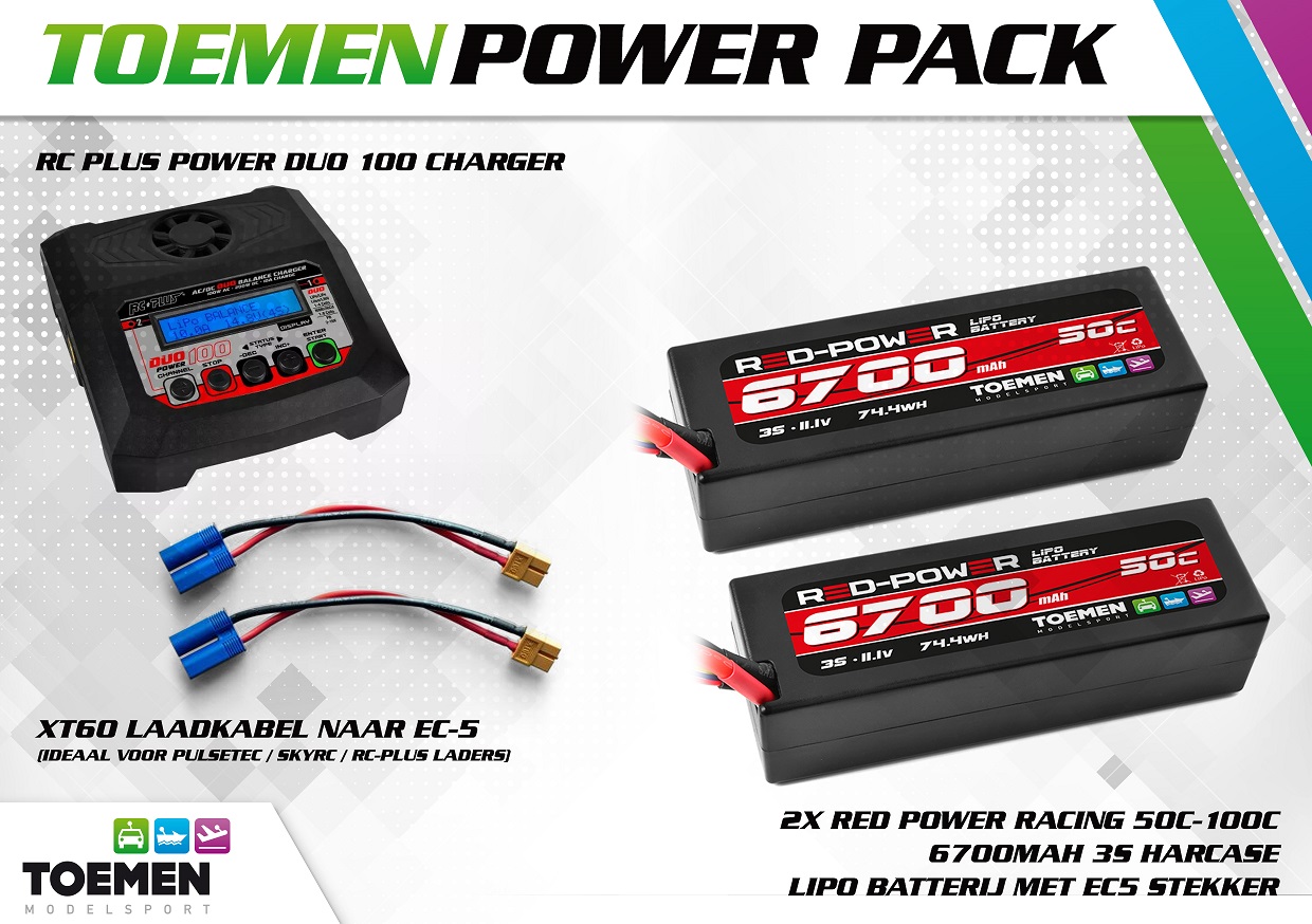 2x Red Power Racing 50C-100C 6700Mah 3S Harcase lipo batterij met EC5 stekker en RC Plus Power Duo 100 Charger