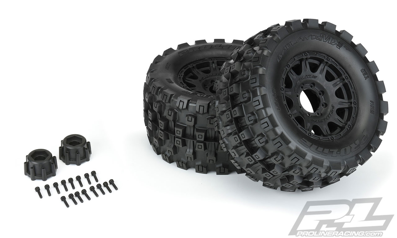 Proline Badlands MX38 HP 3.8" All Terrain BELTED Tires Mounted for 17mm MT Front or Rear, Mounted on Raid Black 8x32 Removable Hex 17mm Wheels
