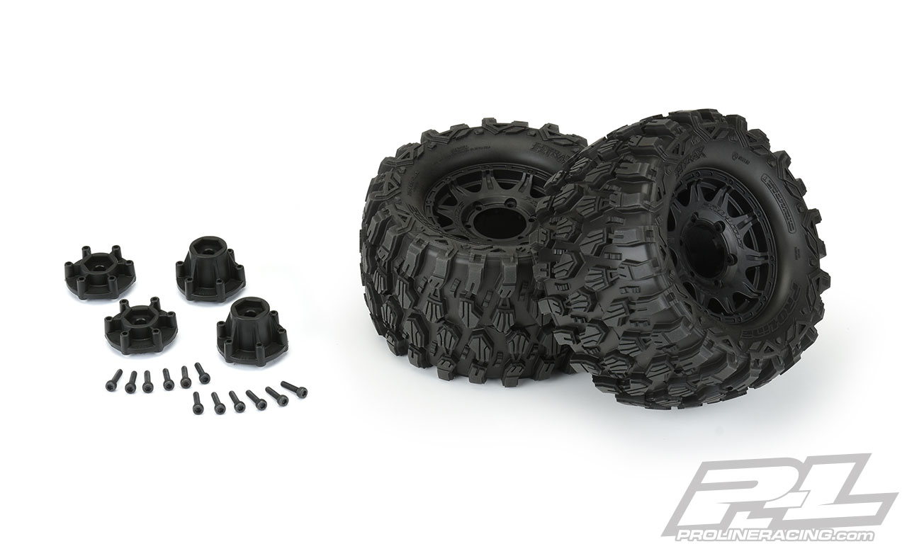 Proline Hyrax 2.8" All Terrain Tires Mounted for Stampede 2wd & 4wd Front and Rear, Mounted on Raid Black 6x30 Removable 12mm Hex Wheels