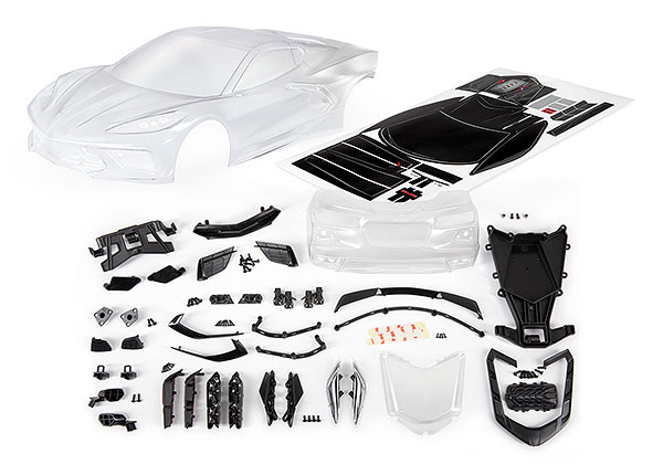 Traxxas Body, Chevrolet Corvette Stingray (clear, trimmed, requires painting)/ decal sheet (includes side mirrors, spoiler, grilles, vents, hardware, & clipless mounting) - TRX9311
