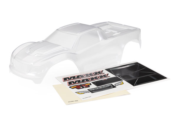 Traxxas Body, Maxx (clear, requires painting)/ window masks/ decal sheet (fits Maxx with extended chassis (352mm wheelbase)) - TRX8918