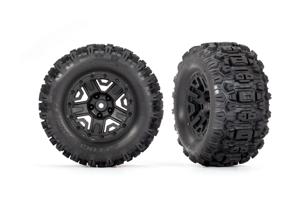Traxxas Tires & wheels, assembled, glued (black 2.8" wheels, Sledgehammer tires, foam inserts) (electric rear) (2) (TSM rated) - TRX3778