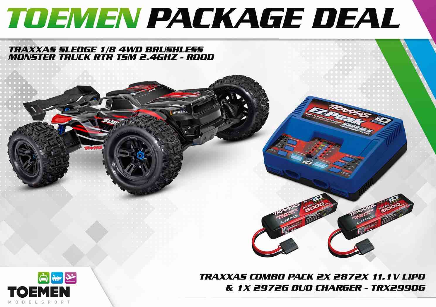 Traxxas Sledge 1/8 4WD Brushless Monster Truck RTR TSM 2.4Ghz Rood - inclusief Power Package