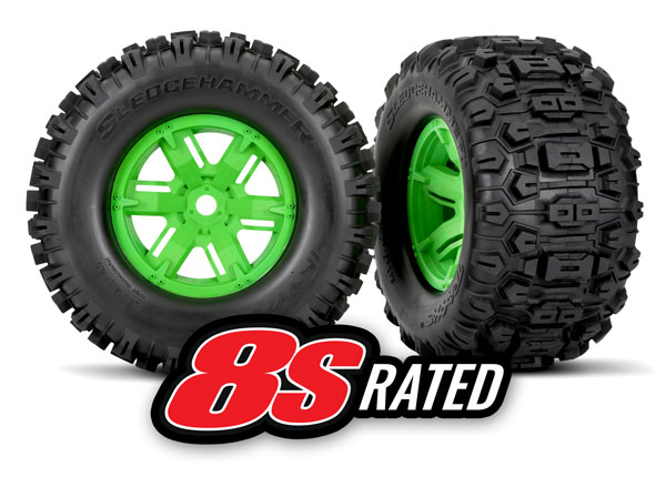 Traxxas Tires & wheels, assembled, glued (X-Maxx green wheels, Sledgehammer tires, foam inserts) (left & right) (2) - TRX7774G