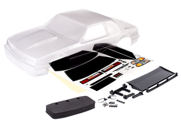 Traxxas Body, Ford Mustang, Fox Body (clear, requires painting)/ window masks/ decal sheet (includes side mirrors, wing, wing retainer, rear body mount posts, foam body bumper, & mounting hardware) - TRX9421