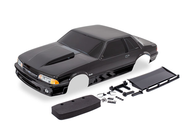 Traxxas Body, Ford Mustang, Fox Body, black (painted, decals applied) (includes side mirrors, wing, wing retainer, rear body mount posts, foam body bumper, & mounting hardware) - TRX9421A