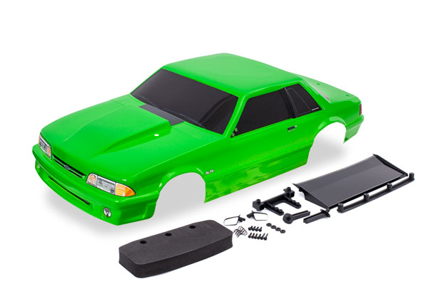 Traxxas Body, Ford Mustang, Fox Body, green (painted, decals applied) (includes side mirrors, wing, wing retainer, rear body mount posts, foam body bumper, & mounting hardware) - TRX9421G