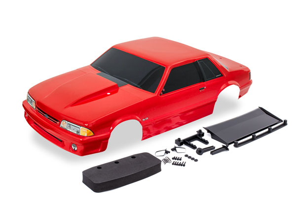 Traxxas Body, Ford Mustang, Fox Body, red (painted, decals applied) (includes side mirrors, wing, wing retainer, rear body mount posts, foam body bumper, & mounting hardware) - TRX9421R