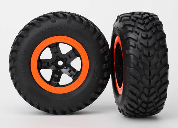 Traxxas Tires & wheels, assembled, glued (SCT black, orange beadlock wheels, dual profile (2.2" outer, 3.0" inner), SCT off-road racing tire, foam inserts) (2) (4WD f/r, 2WD rear) (TSM rated) - TRX5863