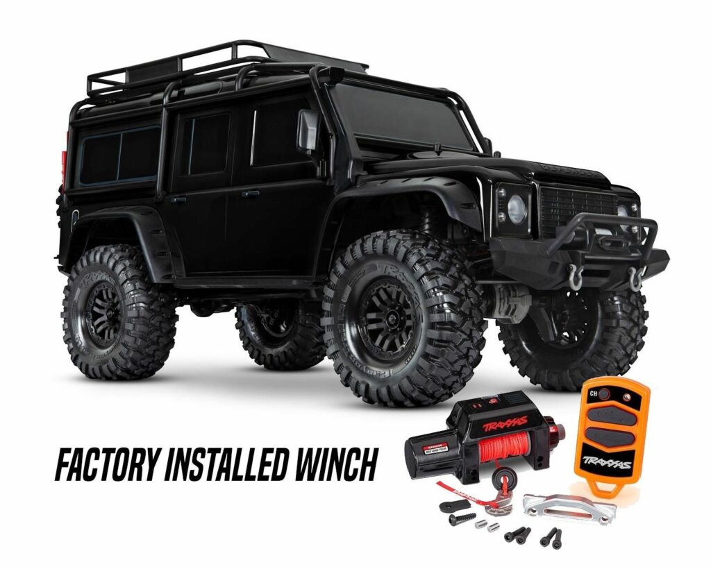 traxxas trx 4 land rover defender zwart rtr 2.4ghz + traxxas pro scale remote operated winch – zonder batterij en lader