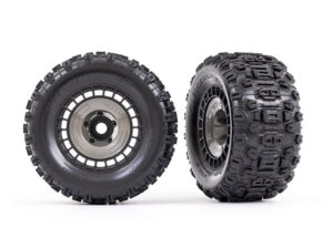traxxas tires and wheels, assembled, glued (3.8' black wheels, gray wheel covers, sledgehammer tires, foam inserts) (2)