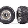 traxxas tires and wheels, assembled, glued (3.8' black chrome wheels, black chrome wheel covers, sledgehammer tires, foam inserts) (2) trx9572t
