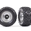 traxxas tires and wheels, assembled, glued (3.8' satin chrome wheels, satin chrome wheel covers, sledgehammer tires, foam inserts) (2) trx9572x