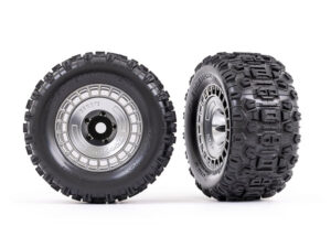 traxxas tires and wheels, assembled, glued (3.8' satin chrome wheels, satin chrome wheel covers, sledgehammer tires, foam inserts) (2) trx9572x