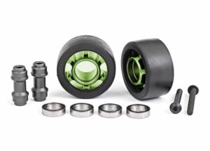 traxxas wheels, wheelie bar, 6061 t6 aluminum (green anodized) (2)/ axle, wheelie bar, 6061 t6 aluminum (2)/ 10x15x4 ball bearings (4) trx7775g