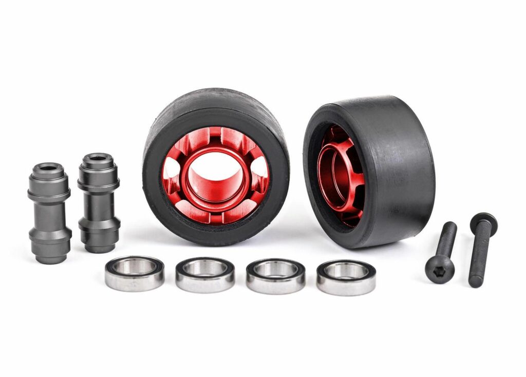 traxxas wheels, wheelie bar, 6061 t6 aluminum (red anodized) (2)/ axle, wheelie bar, 6061 t6 aluminum (2)/ 10x15x4 ball bearings (4) trx7775r
