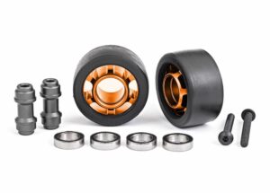 traxxas wheels, wheelie bar, 6061 t6 aluminum (orange anodized) (2)/ axle, wheelie bar, 6061 t6 aluminum (2)/ 10x15x4 ball bearings (4) trx7775t