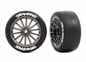 traxxas tires and wheels, assembled, glued (multi spoke black chrome wheels, 2.0' slick tires with traxxas logo, foam inserts) (front) (2) (vxl rated) trx9374r