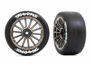traxxas tires and wheels, assembled, glued (multi spoke black chrome wheels, 2.0' slick tires with traxxas logo, foam inserts) (rear) (2) (vxl rated) trx9375r