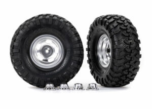 traxxas tires & wheels, assembled, glued (2.2" satin chrome wheels, canyon trail 5.3 x 2.2" tires) (2)/ center caps (2) (requires trx8255a extended thread stub axle) trx8159