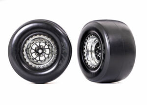 traxxas tires & wheels, assembled, glued (weld chrome with black wheels, mickey thompson® et drag® slicks, smoke compound, foam inserts) (rear) (2) trx9477r
