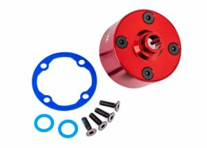 traxxas carrier, differential (aluminum, red anodized)/ differential bushing/ ring gear gasket/ 3x10mm ccs (4) trx9581r
