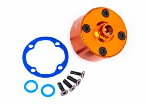 traxxas carrier, differential (aluminum, orange anodized)/ differential bushing/ ring gear gasket/ 3x10mm ccs (4)