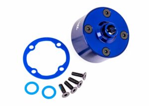 traxxas carrier, differential (aluminum, blue anodized)/ differential bushing/ ring gear gasket/ 3x10mm ccs (4) trx9581x