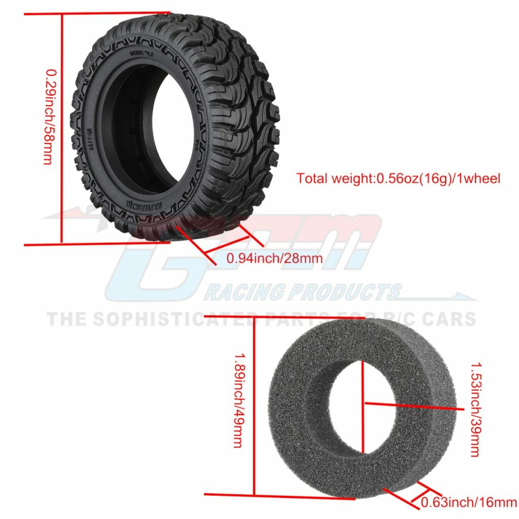 gpm traxxas trx 4m & axial scx 24 aluminium 1.33 inch crawler rubber tires 58mm x 24mm with foam inserts