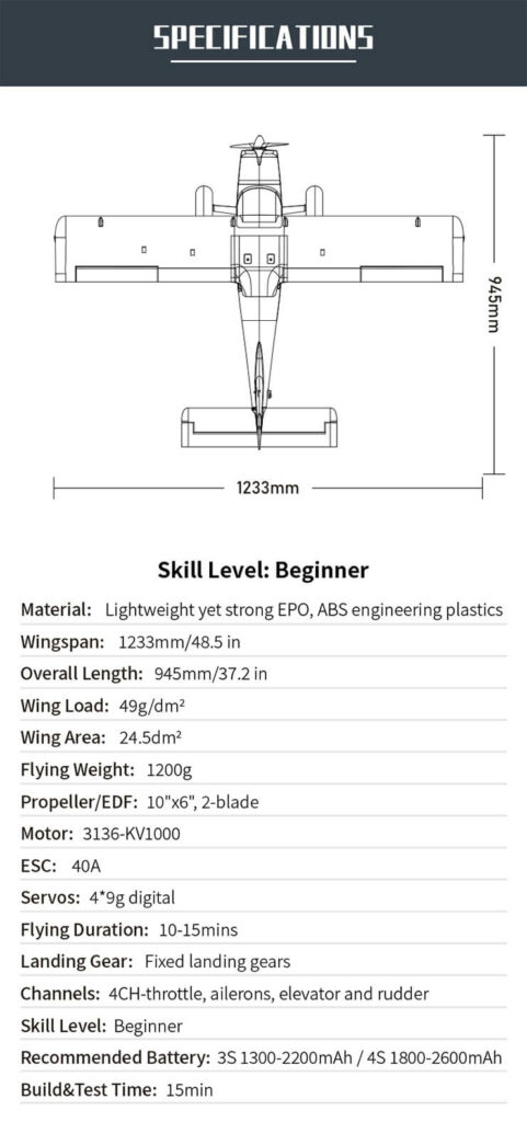 xfly glastar v2 bush/trainer 1233mm wingspan w/o tx/rx/batt
