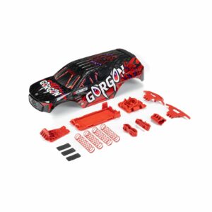 arrma gorgon painted decaled trimmed body set, black / red ara402354