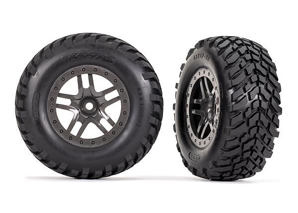 traxxas tires & wheels, assembled, glued (sct split spoke gray beadlock style wheels, sct off road racing tires, foam inserts) (2) (4wd f/r, 2wd rear) (tsm rated) trx6964