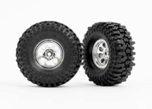 traxxas tires & wheels, assembled (chrome 1.0' wheels, mickey thompson baja pro xs 2.4x1.0' tires) (2)