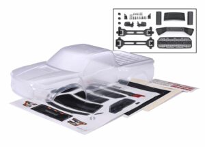 traxxas body, 2017 ford raptor, heavy duty (clear, requires painting)/decals (includes latches and latch mounts for clipless mounting) trx5916