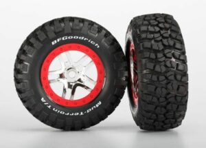 traxxas tire & wheel assy, glued (sct split spoke chrome, red beadlock style wheel, bfgoodrich mud terrainâ„¢ t/a km2 tire, inserts) (2) (front/rear) trx5975a