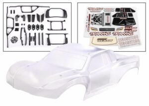 traxxas body, maxx slash (clear, requires painting)/ window masks/ decal sheet (includes body support, body plastics, latches, & hardware for clipless mounting) trx10211