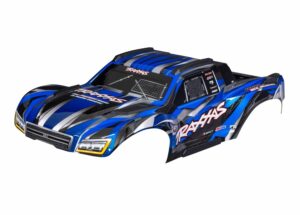 traxxas body, maxx slash, blue (painted)/ decal sheet (assembled with body support, body plastics, & latches for clipless mounting) trx10211 blue