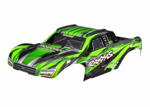 traxxas body, maxx slash, green (painted)/ decal sheet (assembled with body support, body plastics, & latches for clipless mounting) trx10211 grn
