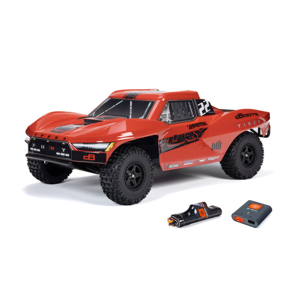 arrma 1/10 fury mega 550 2wd short course truck rtr rood (versie 2024/2025) met accu en lader