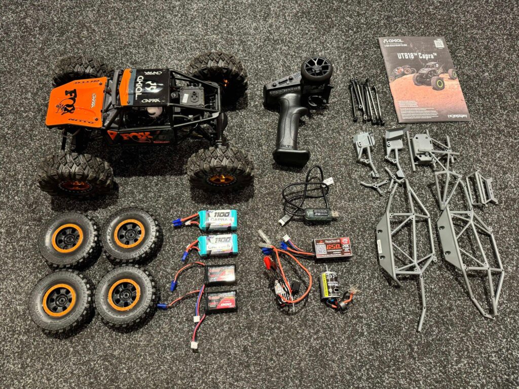 axial 1/18 utb18 capra 4wd unlimited trail buggy rtr + furitek brushless + aluminium velgen + aluminium dempers + 5x accu (super luxe uitgevoerd en als nieuw)!