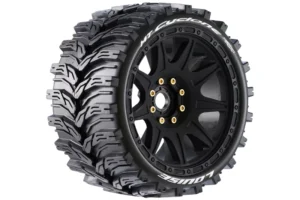 louise rc mft mt cyclone speed 1 8 monster truck tire set mounted soft black wheels removable 1 8 mt hex 17mm 0" & 1/2" offset l t3356sb