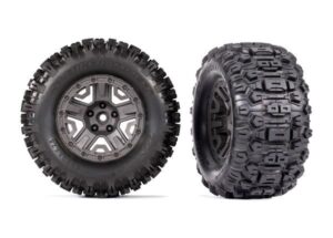 traxxas tires and wheels assembled for belted sledgehammer a0ll terrain dual profile (2.9' outer, 3.8' inner) trx8979a