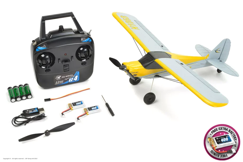 ez wings mini cub 450mm vliegtuig rtf geel met 2x batterij en usb lipo lader (nummer 1 om te beginnen)!