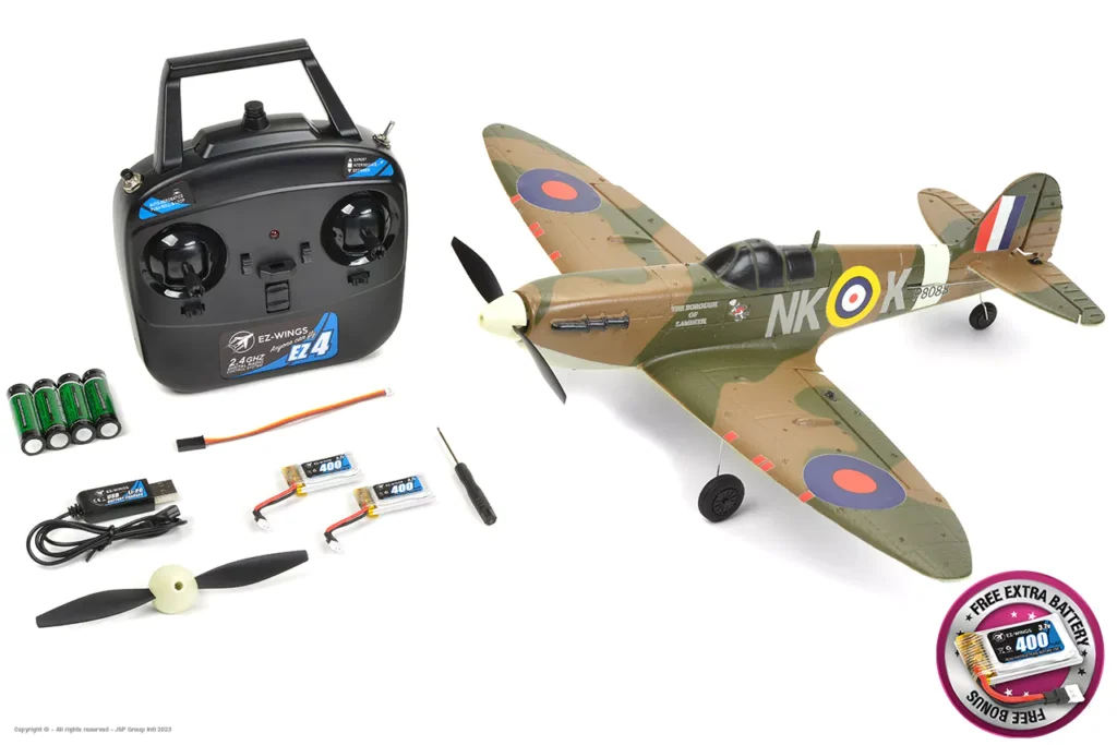 ez wings mini spitfire mk ii 450mm vliegtuig rtf geel met 2x batterij en usb lipo lader (nummer 1 om te beginnen)!